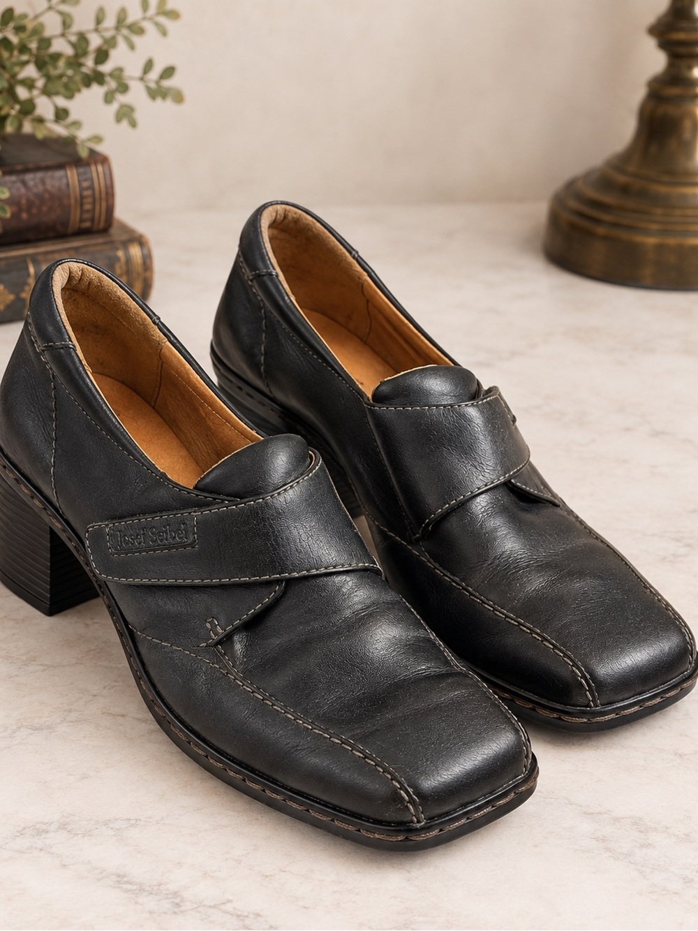 Josef Seibel Black Leather Square Toe Monk Strap Block Heel Shoes EU 39*